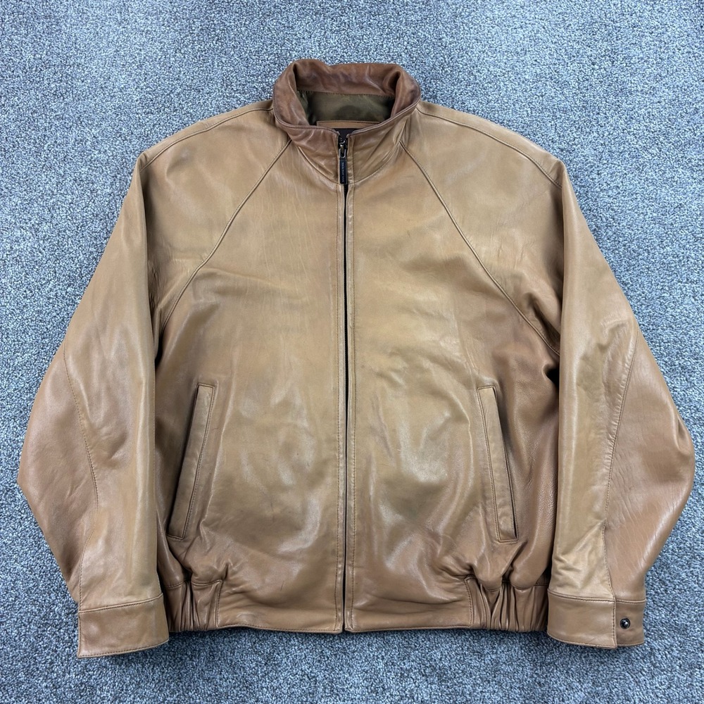 Andrew Marc Leather Bomber Jacket Mens Large Tan Soft Full Zip Raglan Sleeve